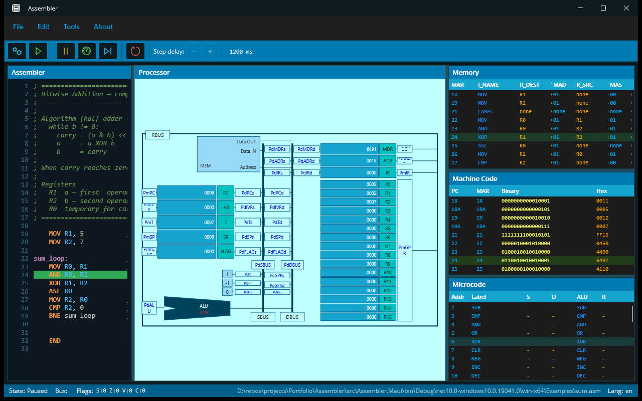 The Assembler desktop app: source editor, processor schematic with buses and registers, and stacked memory, machine code and microcode panes.