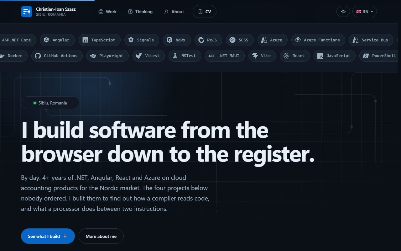The portfolio home page in dark mode: a band of technology tags, the headline, a short introduction and the buttons to the work and to more about me.