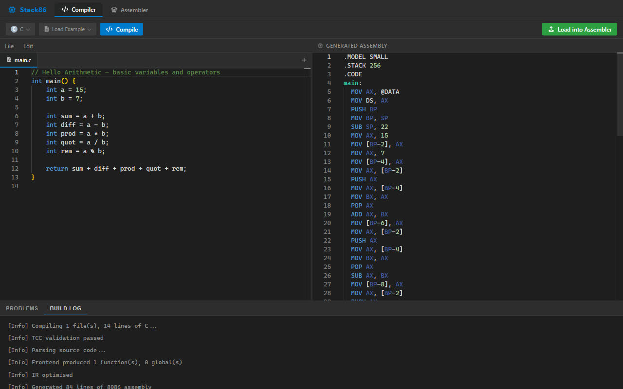 The Stack86 IDE: C source on the left, the generated 8086 assembly on the right, and a build log reporting the pipeline.