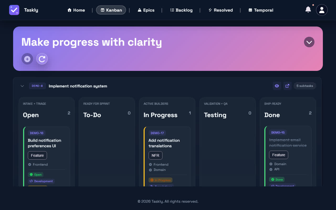 The Taskly Kanban board in dark mode: task cards spread across the Open, To-Do, In Progress, Testing and Done columns.